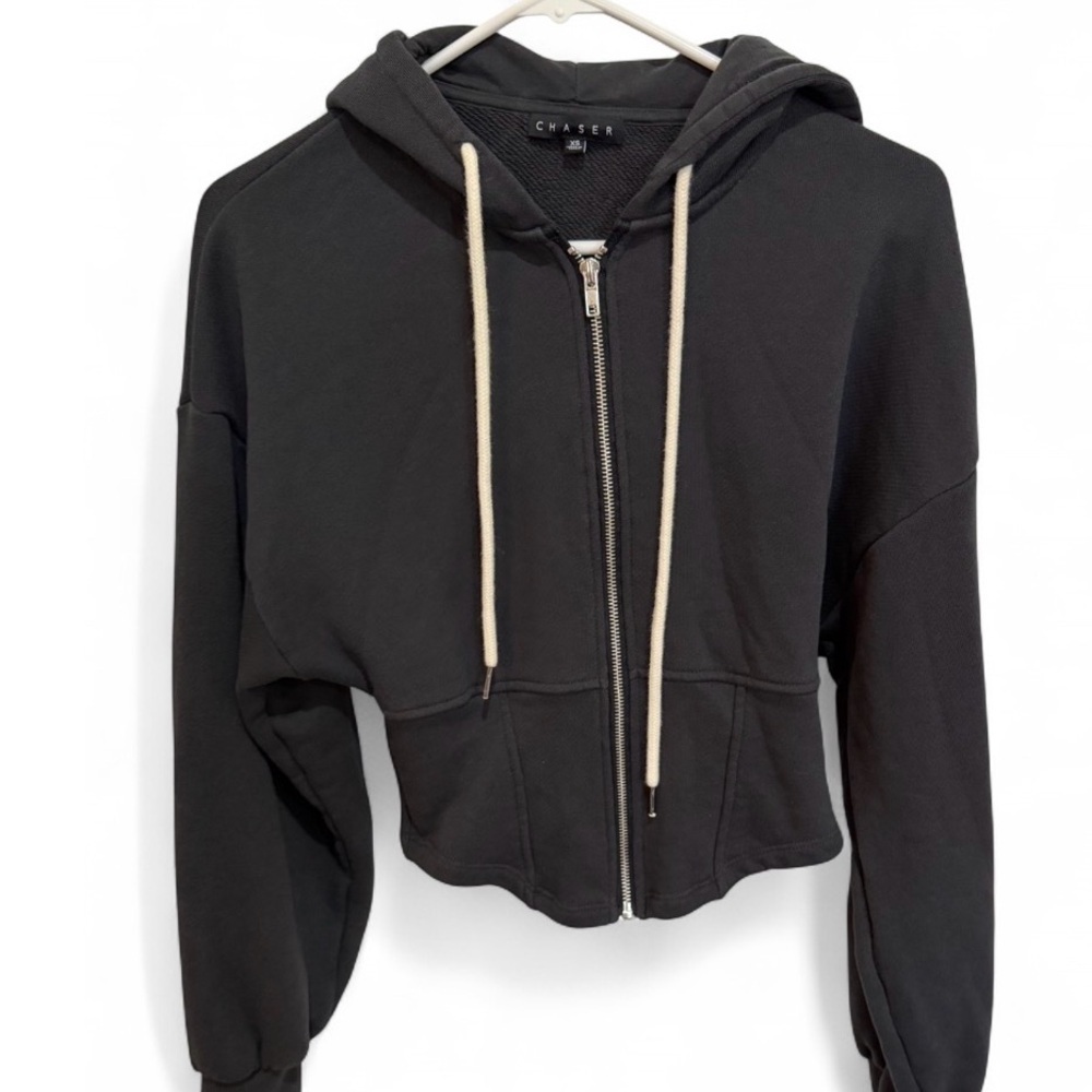 Chaser Cotton Black Zip-Up Corset Hoodie with Drawstring XS - Picture 2 of 6